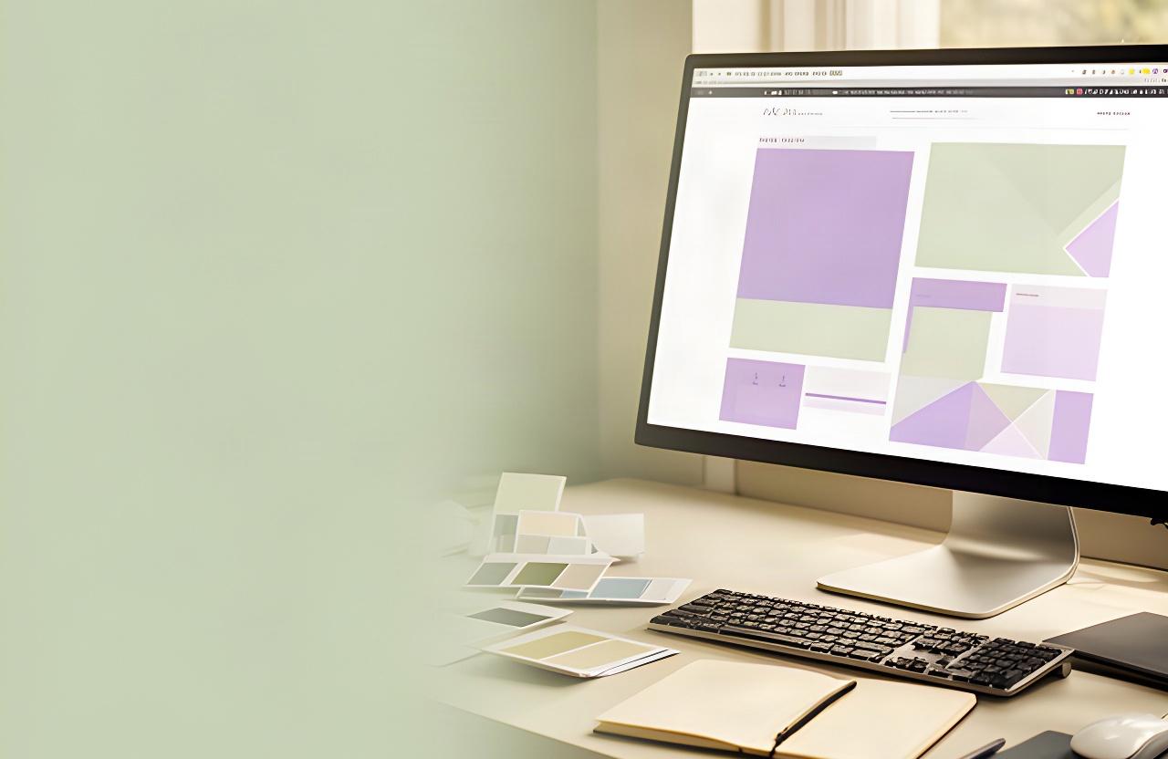 Mesa de trabajo con diseños web abiertos en una pantalla y muestras de color junto a un cuaderno