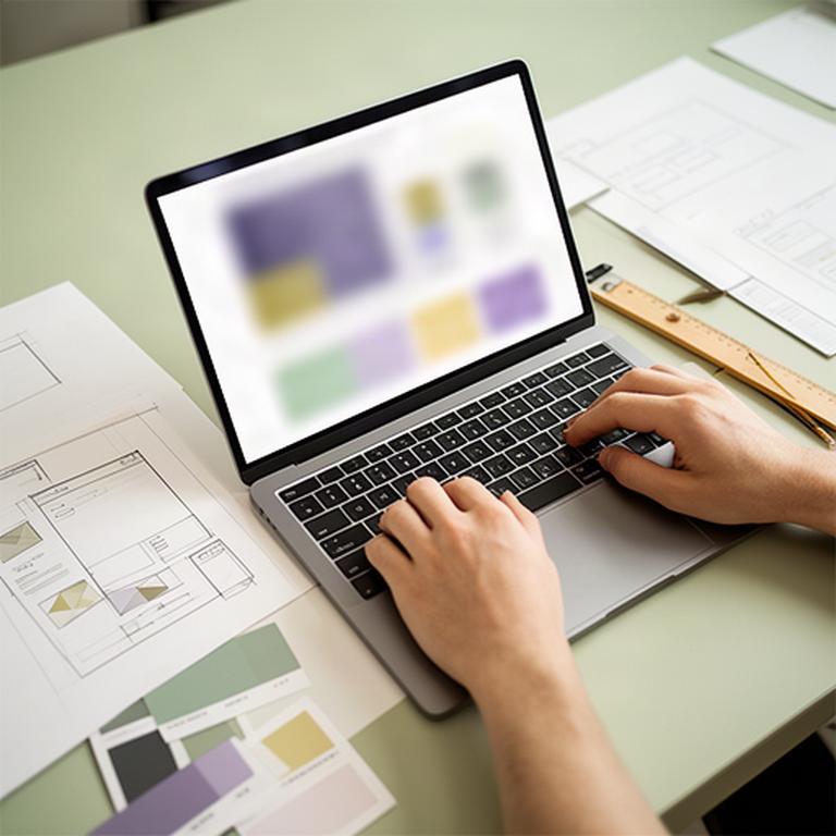Manos ajustando elementos de una interfaz web en un ordenador portátil junto a bocetos de diseño