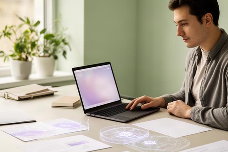 Profesional revisando una política de privacidad junto a un portátil en un estudio de diseño web