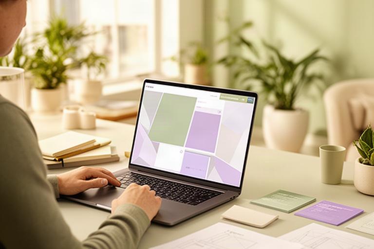 Diseñadora revisando una página web en un portátil junto a notas de estructura en un estudio luminoso