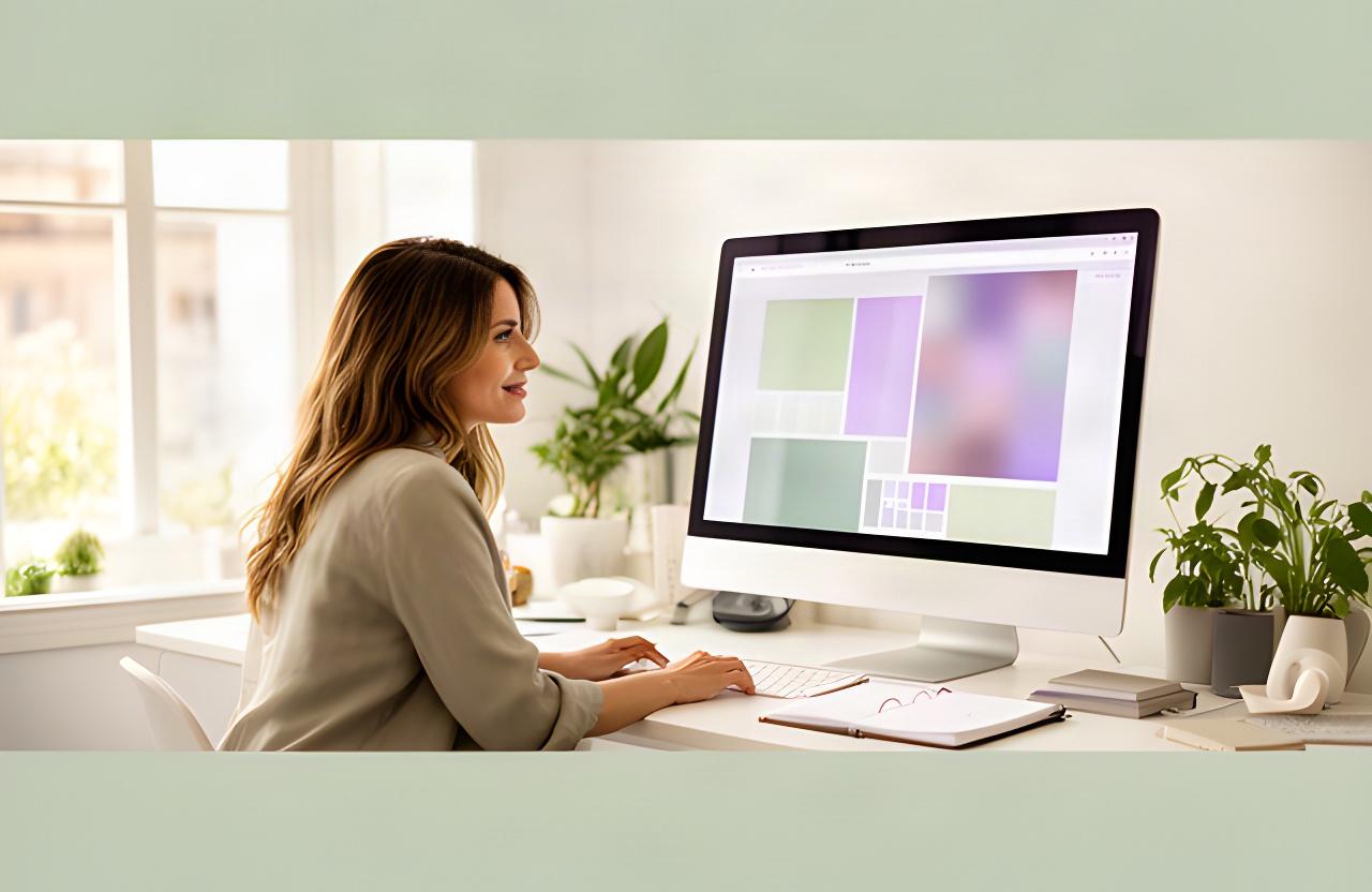 Diseñadora revisando una página web en una pantalla grande dentro de un estudio luminoso en Murcia