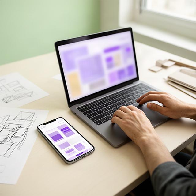 Diseñadora revisando una página web en portátil y móvil sobre una mesa luminosa de estudio