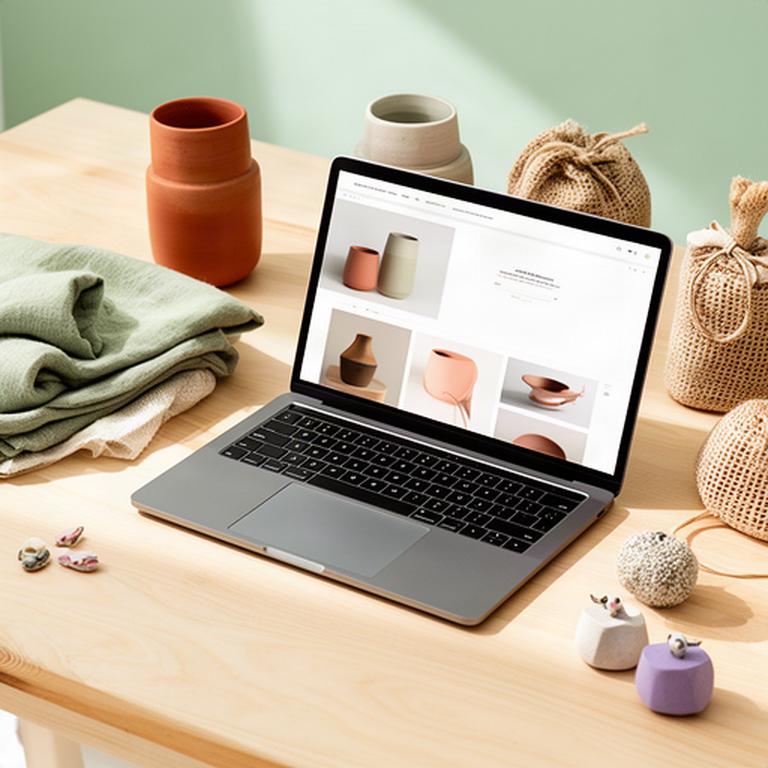 Diseño de una tienda online de productos artesanales mostrado en un portátil sobre una mesa luminosa
